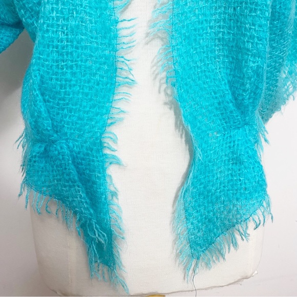 Hand Made Unique woven raw frayed edge shrug jacket shaped front Aqua L/XL - Picture 3 of 7